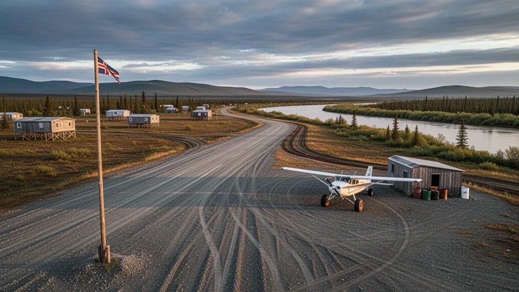 Gravel runway, windsock and a bush plane at a remote Alaskan airstrip in the Chuathbaluk tundra near the Kuskokwim River