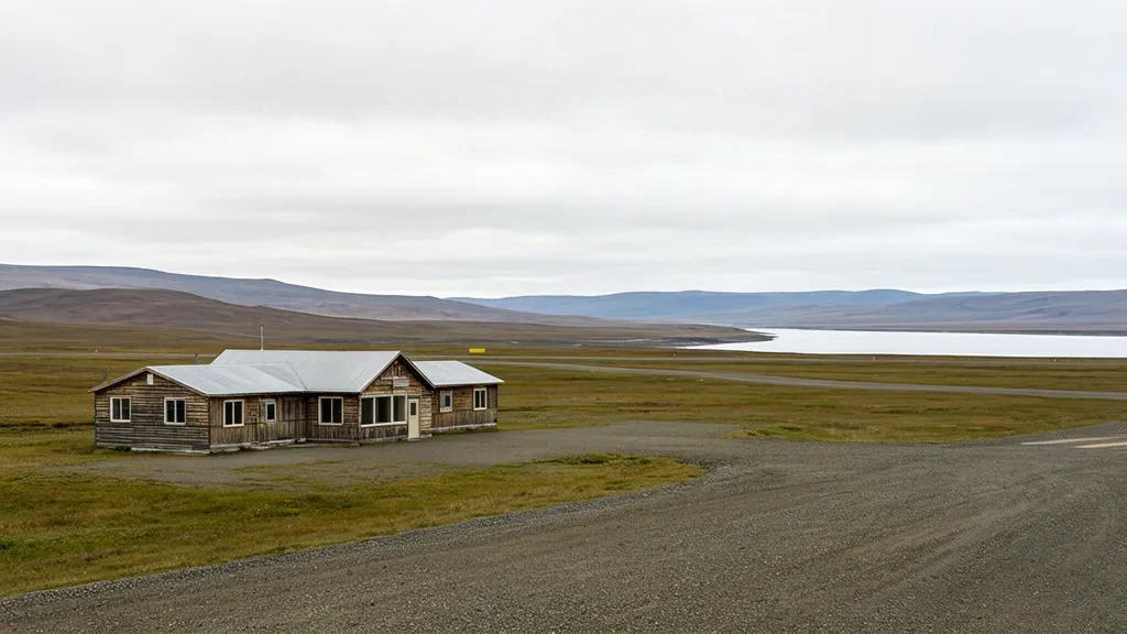 Pequeño edificio terminal y pista de grava en el Aeropuerto Chuathbaluk, en Alaska, bajo un suave cielo cubierto