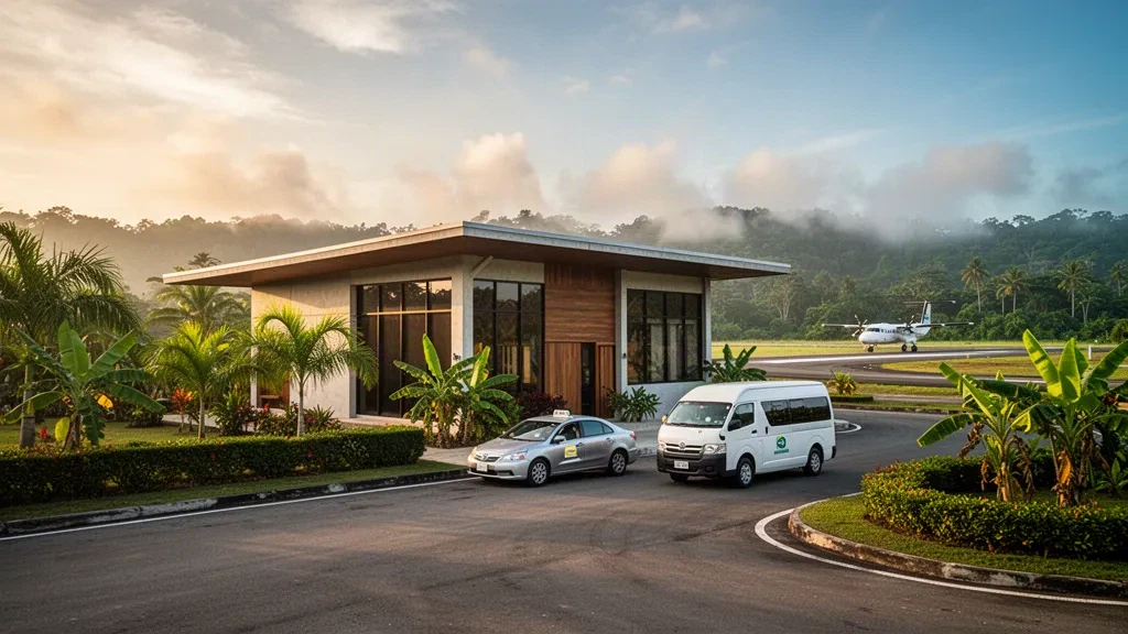 Terminal tropical de una sola planta y pista mojada en el aeropuerto internacional Capitán Manuel Niño de Changuinola, en Bocas del Toro, Panamá
