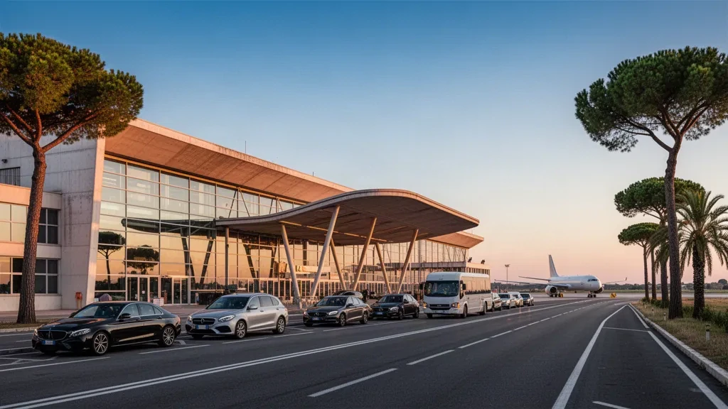 Roma Ciampino Havalimanı'nda sıcak altın saat ışığında modern cam terminal dış cephesi ve yolcu indirme şeridi