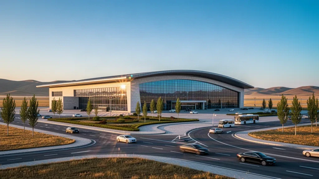 Modern glass terminal exterior at Chifeng Yulong Airport in Inner Mongolia, with access roads and open steppe landscape at golden hour