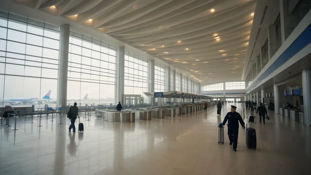 Departure hall interior at Chifeng Yulong Airport in Inner Mongolia with check-in counters, travellers and apron views