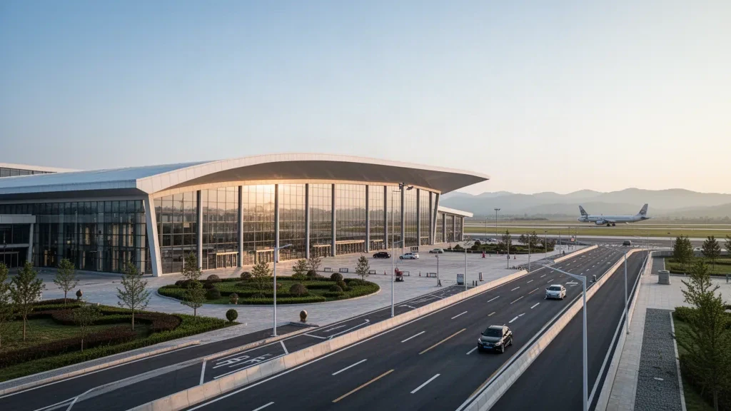 Modernes Glas-Terminal und Vorfahrspuren am Flughafen Changzhi Wangcun in Shanxi, China, in warmem Abendlicht.