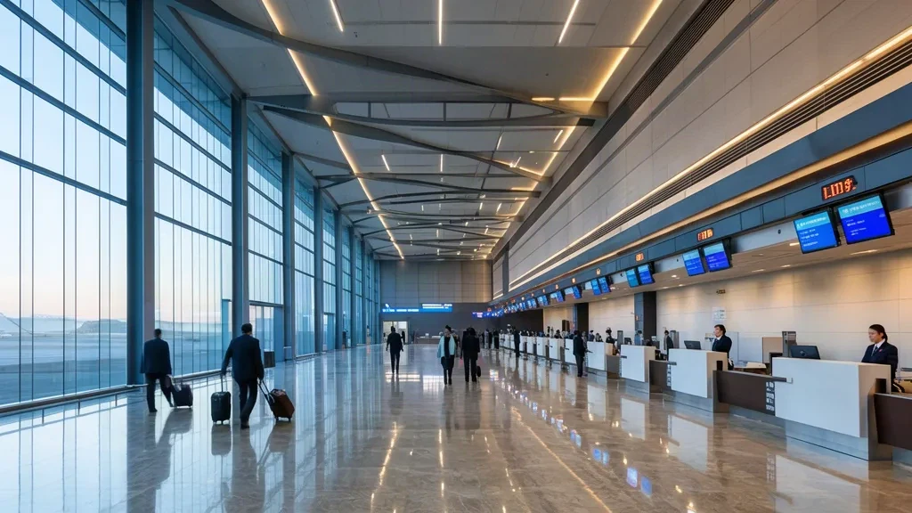 Helles, modernes Terminalinterieur des Flughafens Changzhi Wangcun CIH mit Check-in-Schaltern, Glaswänden und Reisenden, die durch die Halle gehen