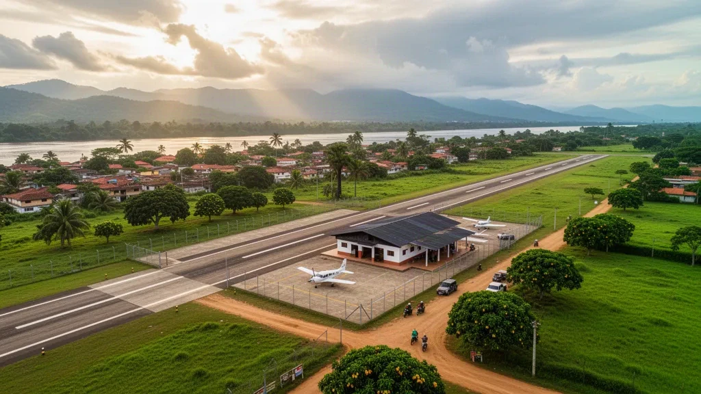 Pequeño aeródromo regional en Cimitarra, Santander, Colombia, con una pista pavimentada estrecha y una terminal modesta bajo la cálida luz del final de la tarde