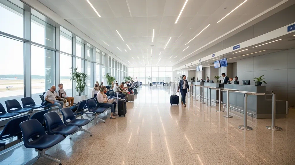 Intérieur lumineux du terminal de l'aéroport d'Aydın Çıldır en Turquie, montrant les comptoirs d'enregistrement, les sièges d'attente et les voyageurs dans le hall de départ.