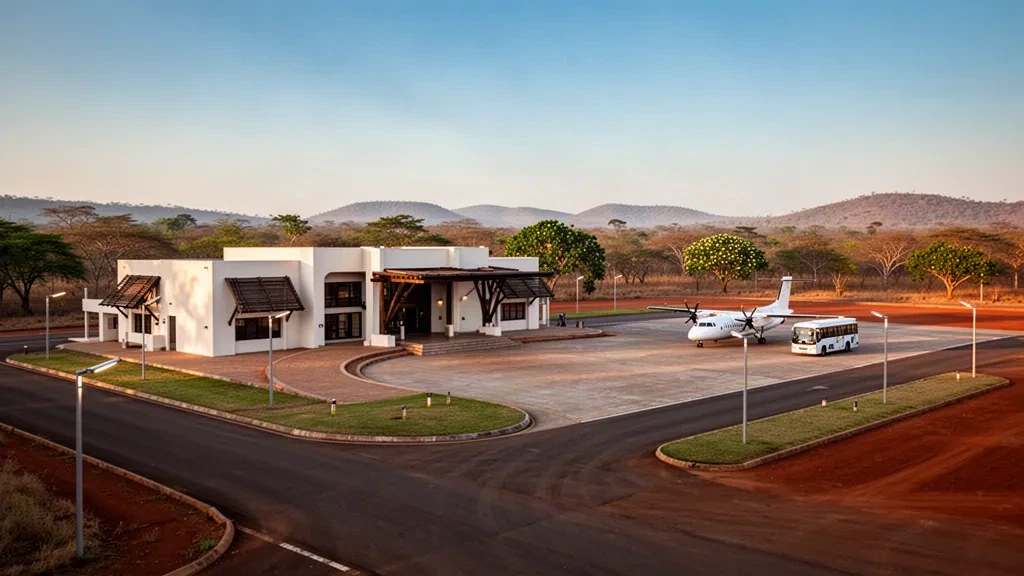 Regional airport terminal with drop-off lane and turboprop aircraft on the apron at golden hour in Chipata, Zambia