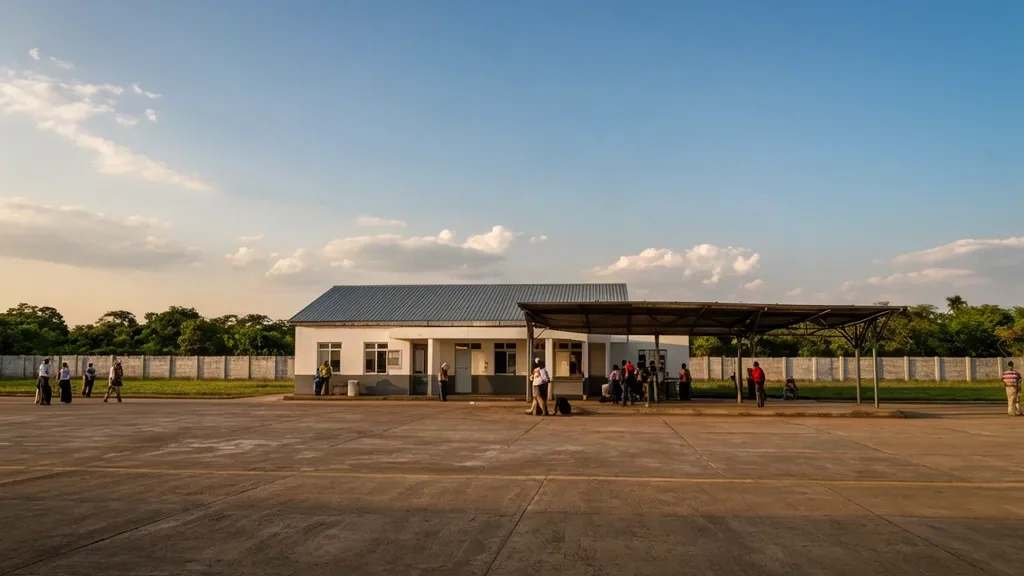 Pequeño edificio de terminal de una sola planta en el Aeropuerto de Chipata, en Zambia, con viajeros en la plataforma de hormigón bajo una cálida luz de tarde.