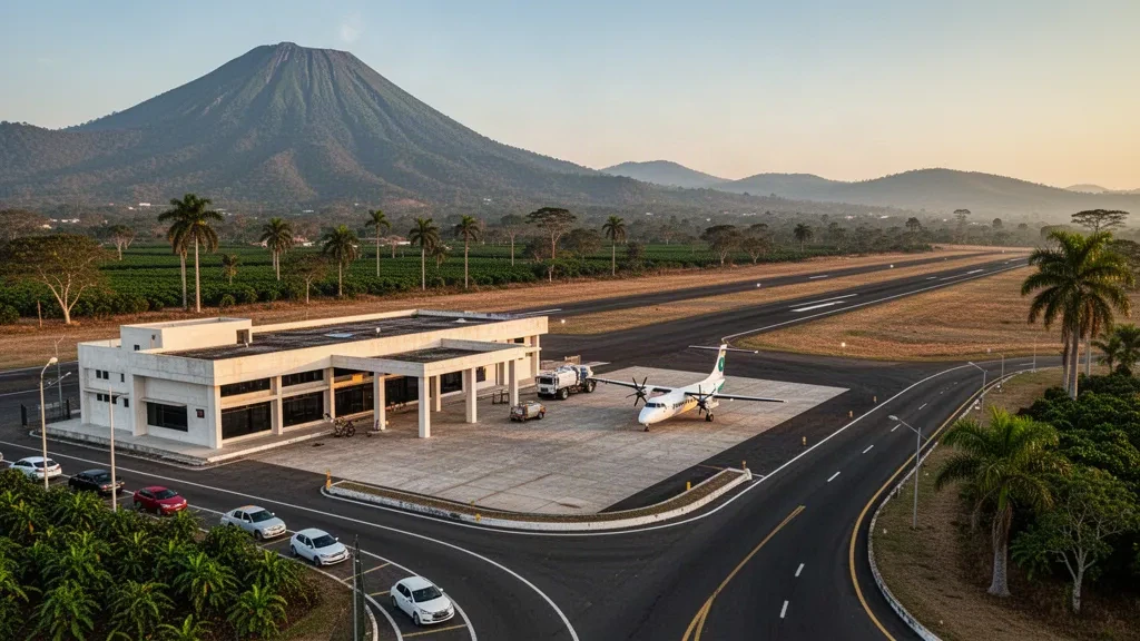 Petit terminal d'aéroport régional et piste à l'aéroport de Chiquimula, dans l'est du Guatemala, entourés de collines verdoyantes à l'heure dorée
