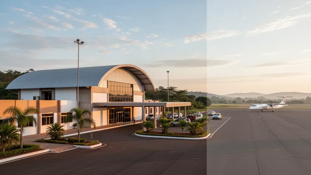 Paraguay'ın Concepción kentindeki Yarbay Carmelo Peralta Ulusal Havaalanı'nda sıcak altın saat ışığıyla parlayan modern terminal ve indirme şeridi