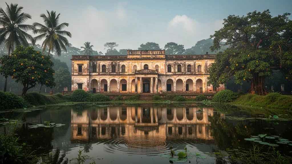 Historischer Thakurgaon Rajbari Zamindar-Palast mit Bogengängen und tropischem Grün, das sich in einem Teich in Thakurgaon, Bangladesch, spiegelt