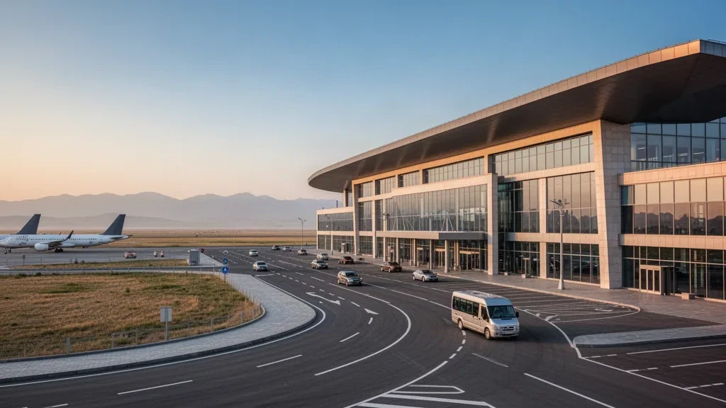 Terminal moderno de cristal y carriles de descenso en el Aeropuerto Internacional de Shymkent bajo una cálida luz dorada, con las estribaciones del Tian Shan al fondo