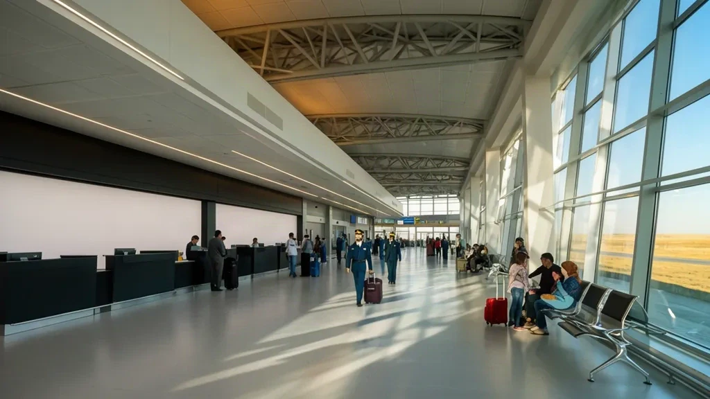 Interior de la moderna sala de salidas del Aeropuerto Internacional de Shymkent en Kazajistán con mostradores de facturación y viajeros