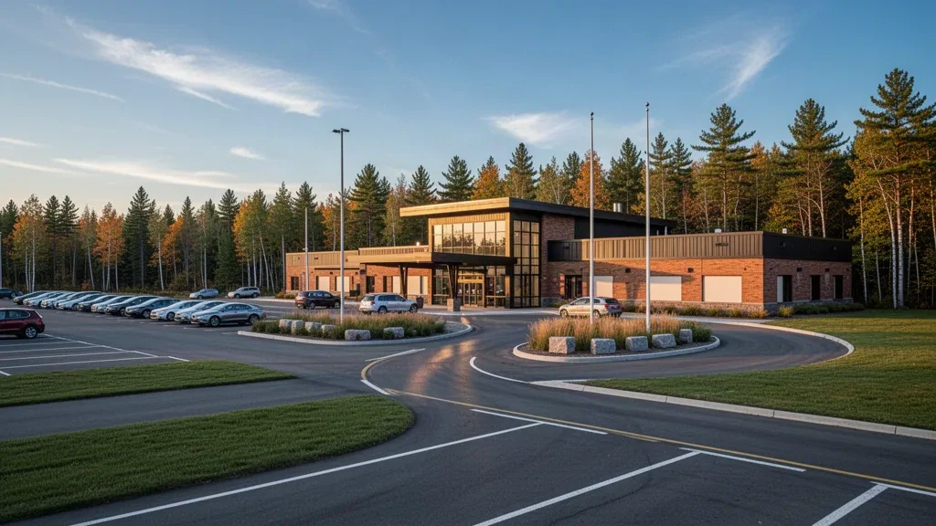Terminal basso e corsia di sosta dell'aeroporto internazionale di Chippewa County, circondati dalla foresta di pini del Michigan settentrionale sotto una luce dorata