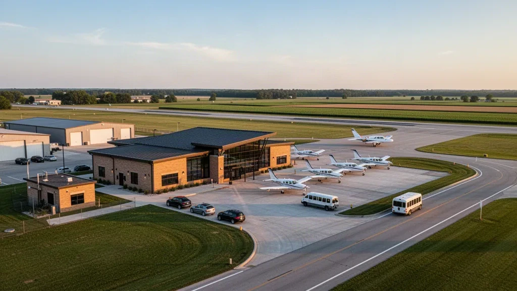 Illinois'deki Cairo Regional Airport'ta sıcak altın saat ışığı altında modern terminal ve pist.