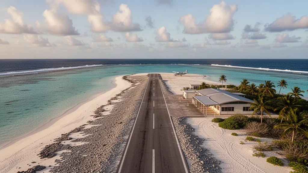 Pista remota de atolón de coral en el Aeropuerto de la Isla Canton en Kiribati, enmarcada por aguas turquesa de la laguna y el cielo abierto del Pacífico