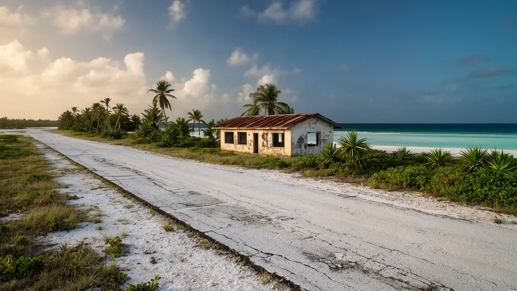 Pista de coral desgastada y terminal abandonada en el Aeropuerto de la Isla Canton en el Atolón Kanton, Kiribati, enmarcadas por palmeras de coco y laguna turquesa