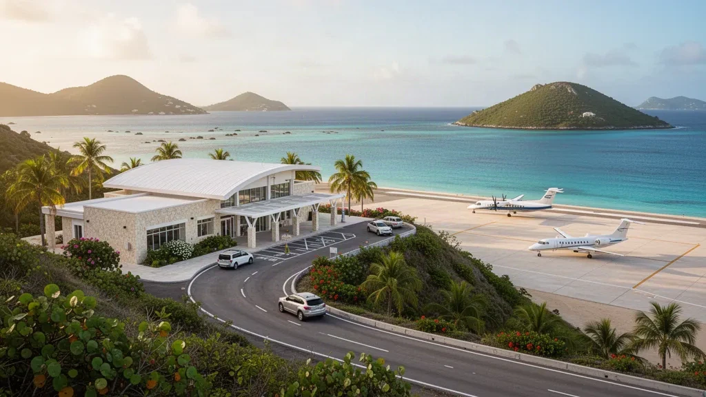 Small island terminal and hillside runway at Canouan Airport in the Grenadines, surrounded by palms and turquoise Caribbean sea at golden hour