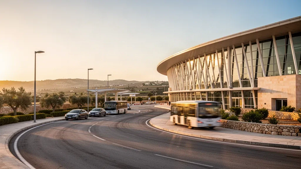 Modernes Terminal des Flughafens Comiso auf Sizilien mit Glasfassade, Abholspur, Fahrzeugen und goldenem Licht der Abendsonne über sanften Hügeln