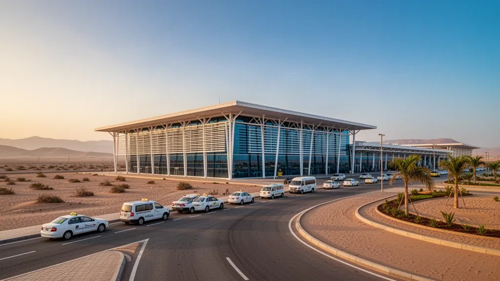 Extérieur moderne du terminal vitré de l'aéroport de Chiclayo, dans le nord du Pérou, à l'heure dorée, avec voies de dépose et lumière chaude du désert