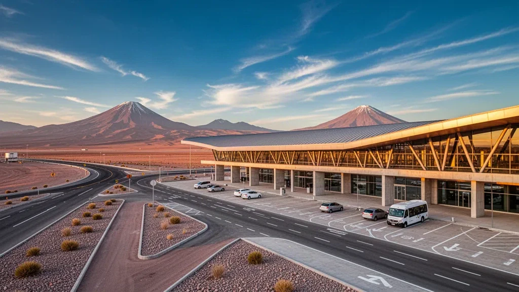 Modern El Loa Airport terminal exterior in Calama, with the Atacama Desert plain and distant Andes volcanoes at golden hour