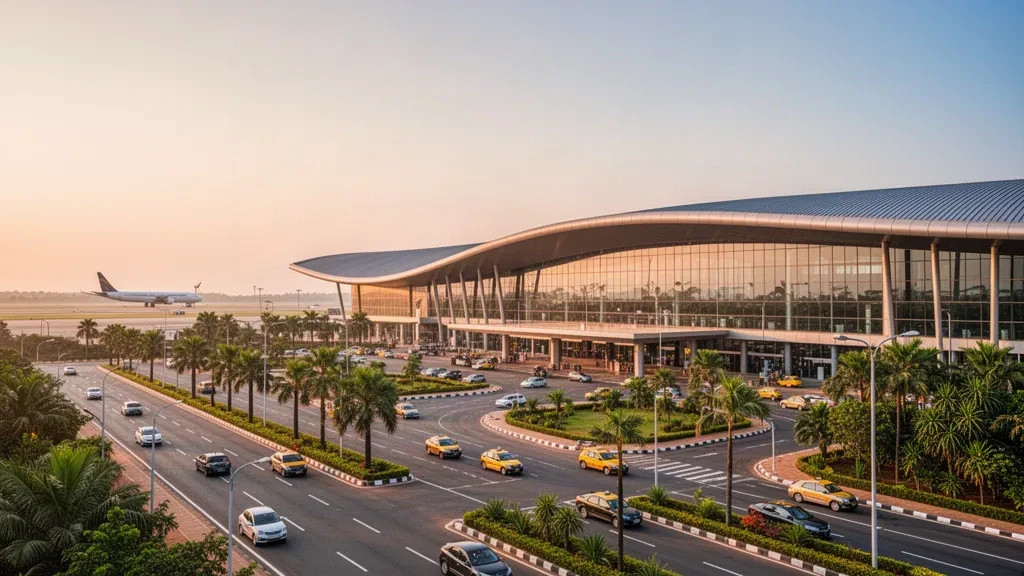 Modern glass terminal exterior at Coimbatore International Airport during golden hour with drop-off lanes and tropical landscaping.