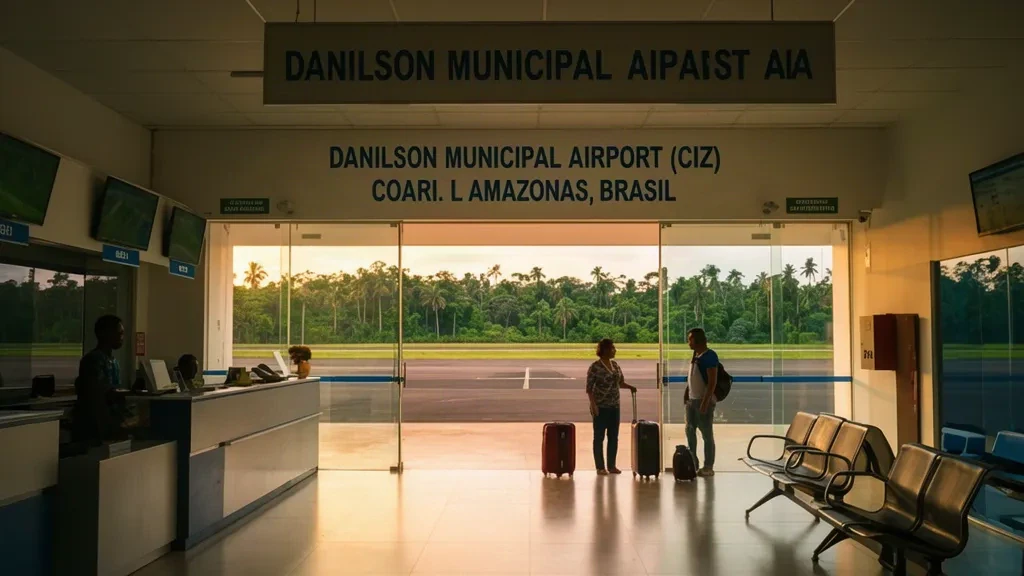 Intérieur du terminal de l'aéroport municipal Danilson à Coari, au Brésil, montrant la zone d'enregistrement et des passagers en attente