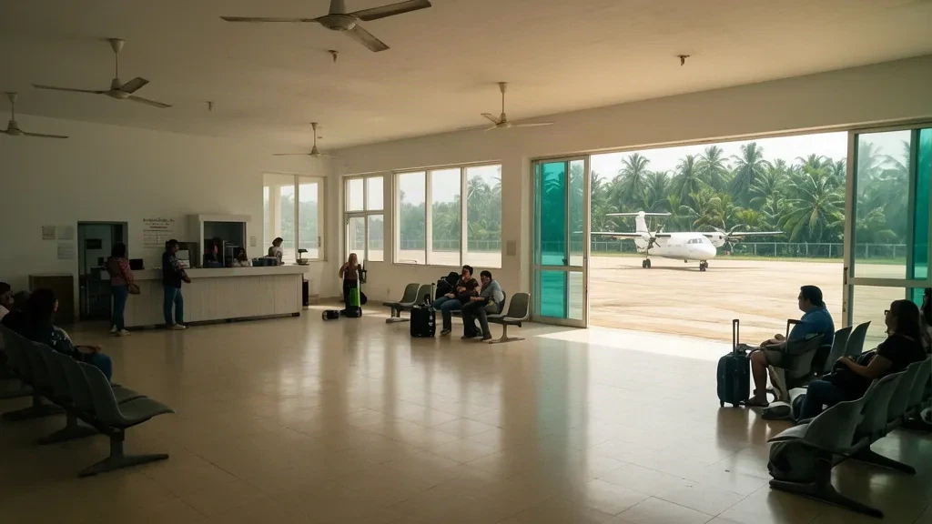 Reisende im kleinen tropischen Terminal des Flughafens Candilejas (CJD), mit Check-in-Schaltern, Wartesitzen und einem Turboprop-Flugzeug auf dem sonnigen Vorfeld.