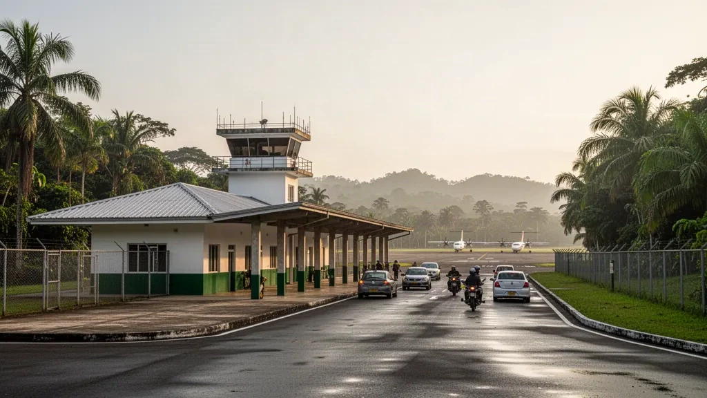 Terminal régional, tarmac et environnement tropical à l'aéroport de Candilejas dans le Caquetá, en Colombie, sous une chaude lumière de fin d'après-midi