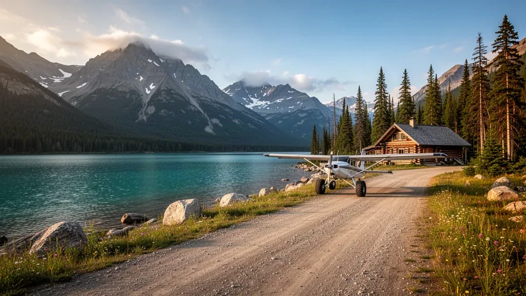 Remote gravel airstrip beside Chilko Lake with a small bush plane and forested mountains near Tsylos Park Lodge in golden light.