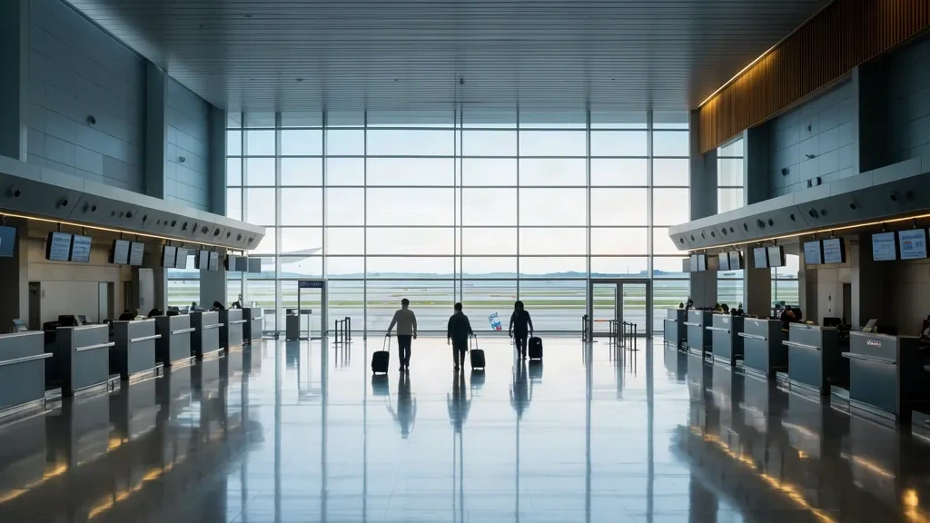 Interior view of Cheongju International Airport terminal in South Korea, showing departure hall, passengers, and modern architecture.