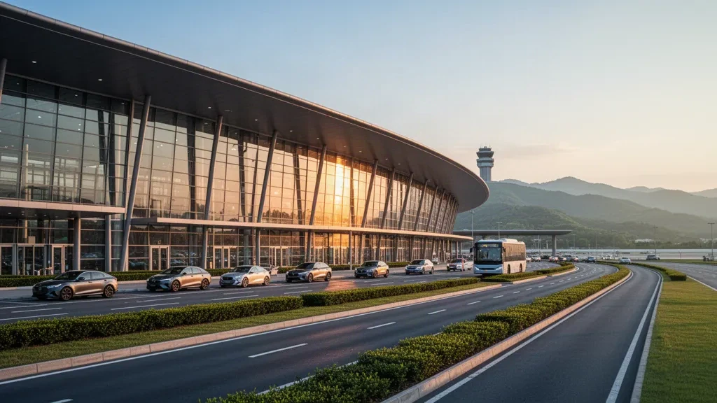 Exterior moderno de terminal de cristal en el Aeropuerto Internacional de Cheongju con carriles de bajada junto a la acera y montañas lejanas a la hora dorada