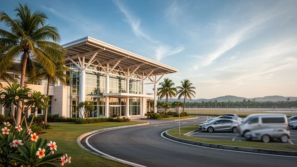 Exterior moderno de la terminal del aeropuerto de Chumphon en el sur de Tailandia a la hora dorada, enmarcado por palmeras tropicales y un carril de descenso despejado