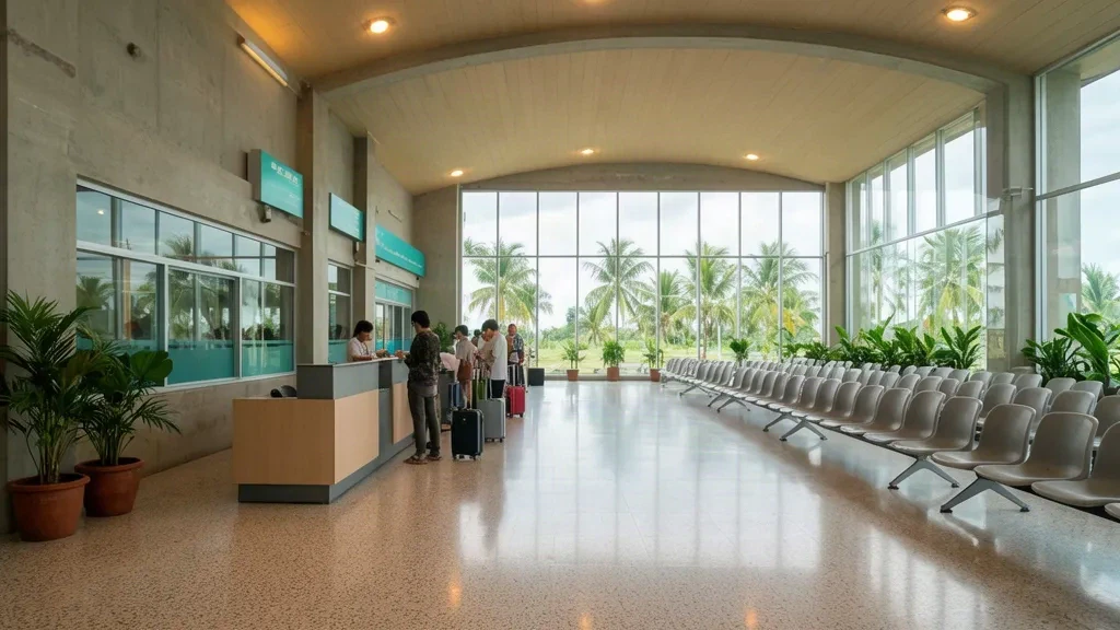 Interior de la terminal del aeropuerto de Chumphon CJM en el sur de Tailandia con mostradores de facturación, asientos de espera y luz tropical