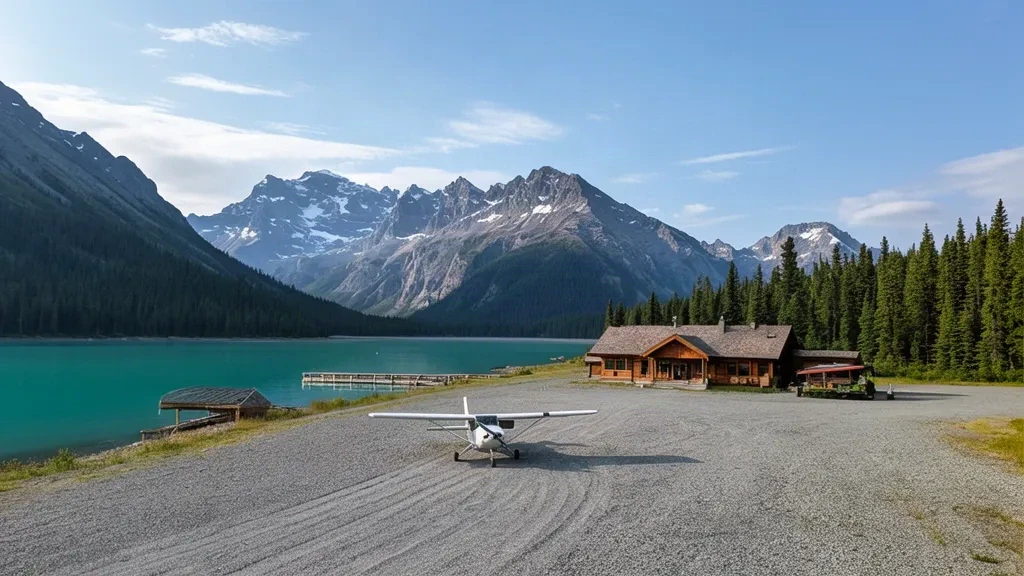 Petit avion de brousse stationné sur la piste en gravier de l'aéroport de Chilko Lake (Tsylos Park Lodge), entouré de montagnes boisées.