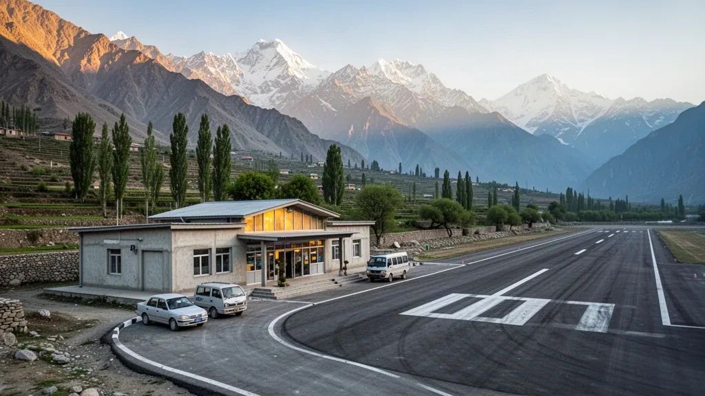 Kleines Terminal und Startbahn des Flughafens Chitral im Hindukusch-Tal in Pakistan zur goldenen Stunde