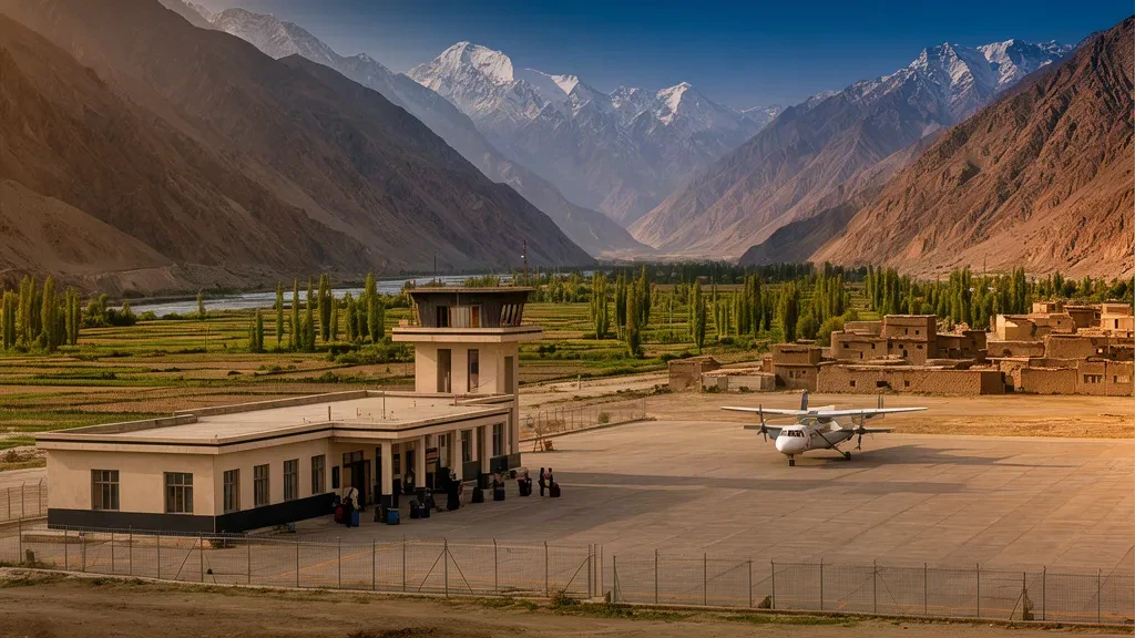 Pequeño edificio terminal del aeropuerto de Chitral en Pakistán con las montañas del Hindu Kush elevándose detrás de la plataforma en una tarde despejada