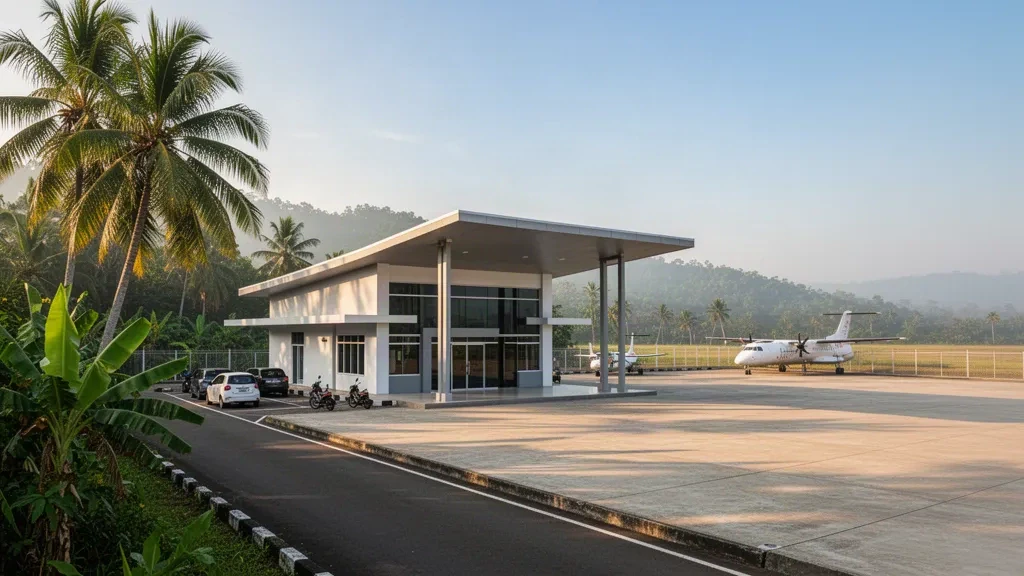 Tropical single-storey terminal at Nusawiru Airport in Pangandaran, West Java, with palms, green hills and a small regional aircraft on the apron.