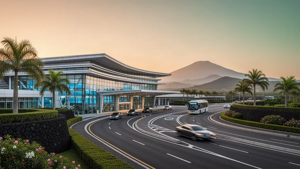 Exterior moderno de terminal de cristal en el Aeropuerto Internacional de Jeju con palmeras, vías de acceso y colinas volcánicas a la hora dorada