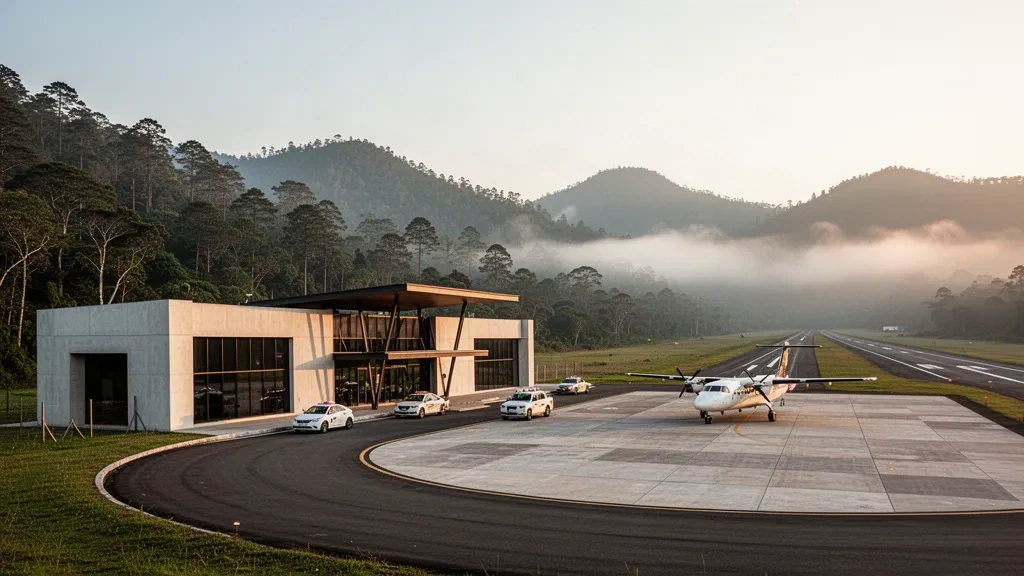 Pequeña terminal regional y pista en el Aeropuerto San Antonio Copalar en Chiapas, rodeados de montañas altas cubiertas de pinos durante la hora dorada