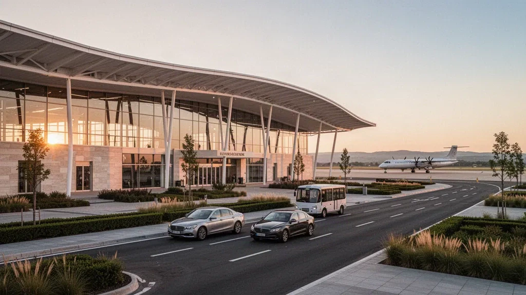 Blick zur goldenen Stunde auf ein modernes Flughafenterminal aus Glas und die Vorfahrtspur am Flughafen Pedro Vieira Moreira, eingerahmt von offenem Himmel und klaren Linien.