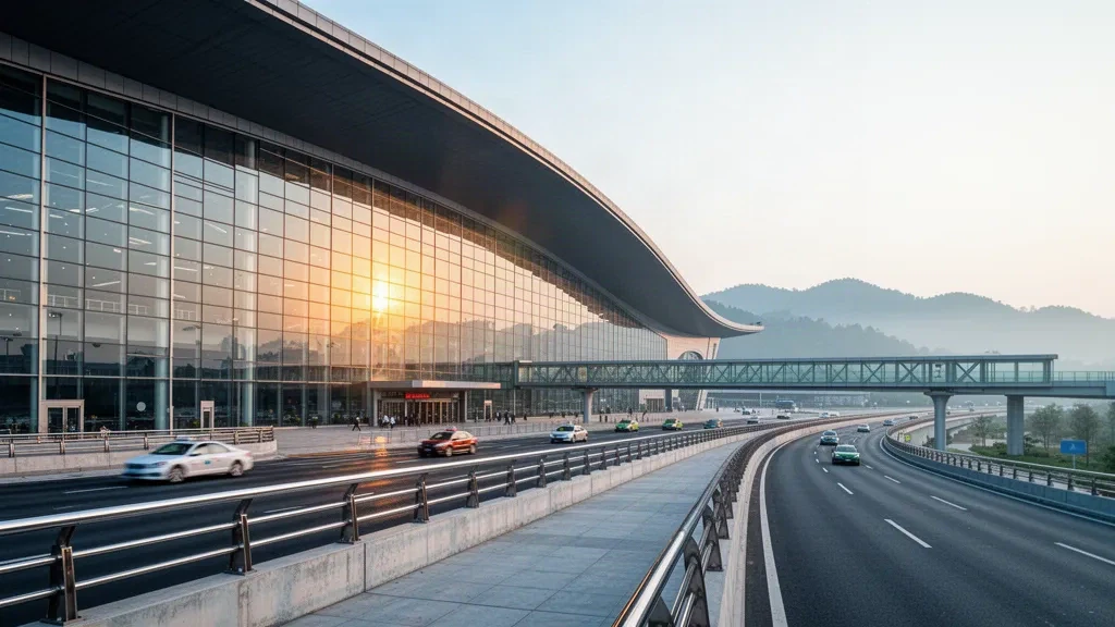 Modern glass terminal and elevated drop-off roadway at Chongqing Jiangbei International Airport in warm golden-hour light