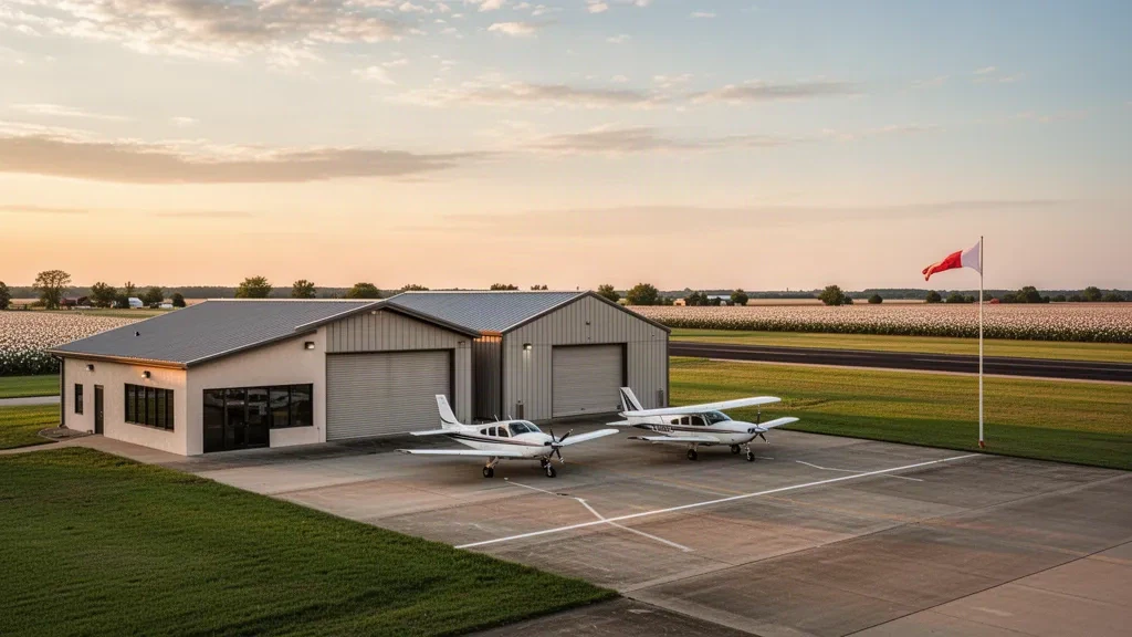 Kleines Terminal und Hangars der allgemeinen Luftfahrt am Fletcher Field in Clarksdale, Mississippi, im warmen Licht der goldenen Stunde