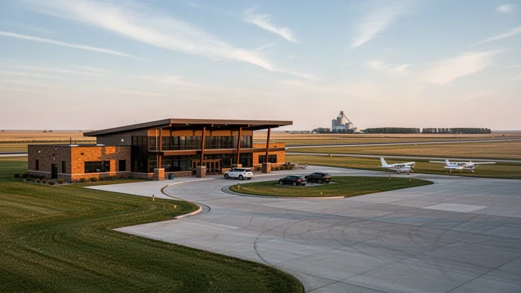 Terminal e piazzale dell'aeroporto Crookston Municipal Kirkwood Field all'ora d'oro sotto l'ampio cielo della prateria del Minnesota settentrionale