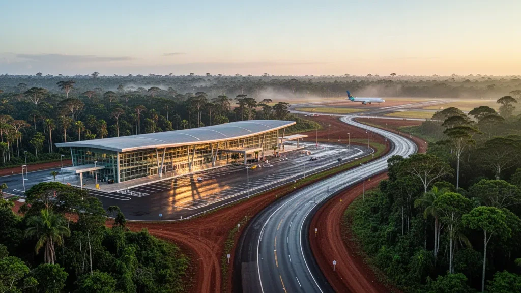 Modern glass terminal at Carajás Airport in Parauapebas, Brazil, surrounded by Amazon rainforest at golden hour.