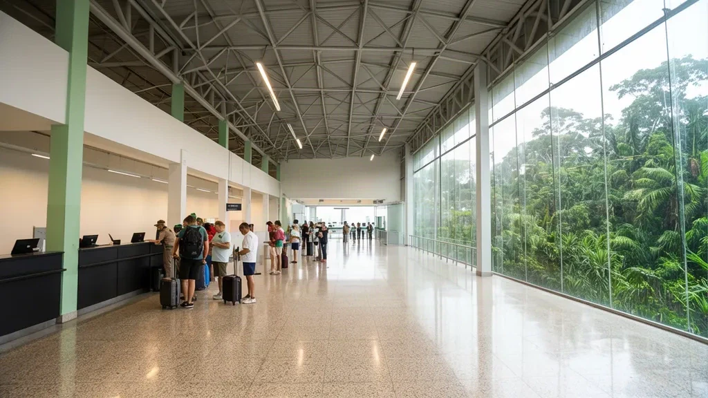 Travellers with luggage at the bright check-in and departure hall of Carajás Airport (CKS) in Parauapebas, Pará, Brazil
