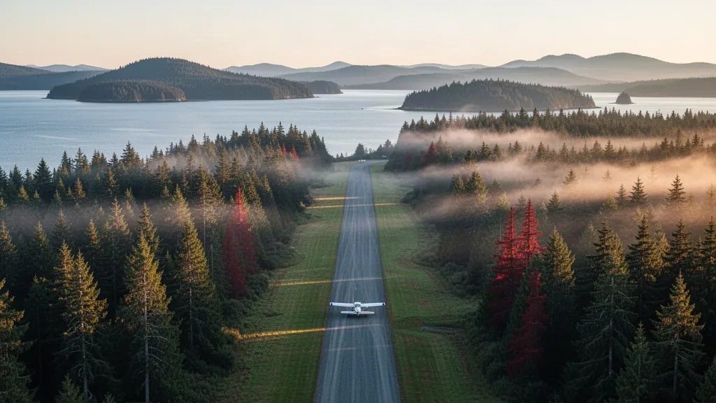 Pista di Crane Island Airstrip che si snoda tra la foresta sempreverde delle San Juan Islands, nello stato di Washington, con le acque del Salish Sea e la nebbia dell'alba sullo sfondo.