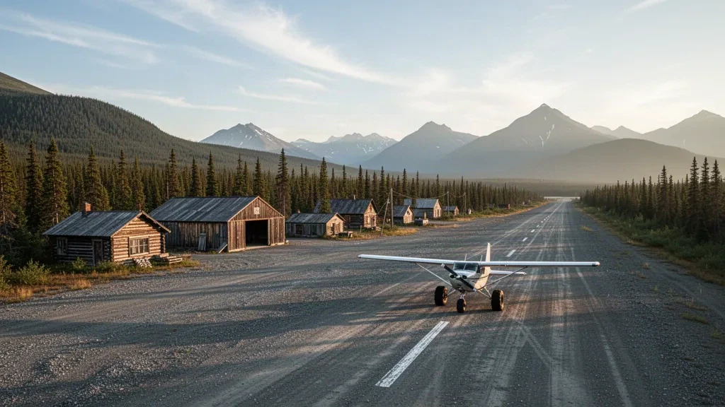 A remote gravel airstrip, log buildings and a small bush plane at Chicken Airport in the Alaskan wilderness, framed by spruce forest and mountains.