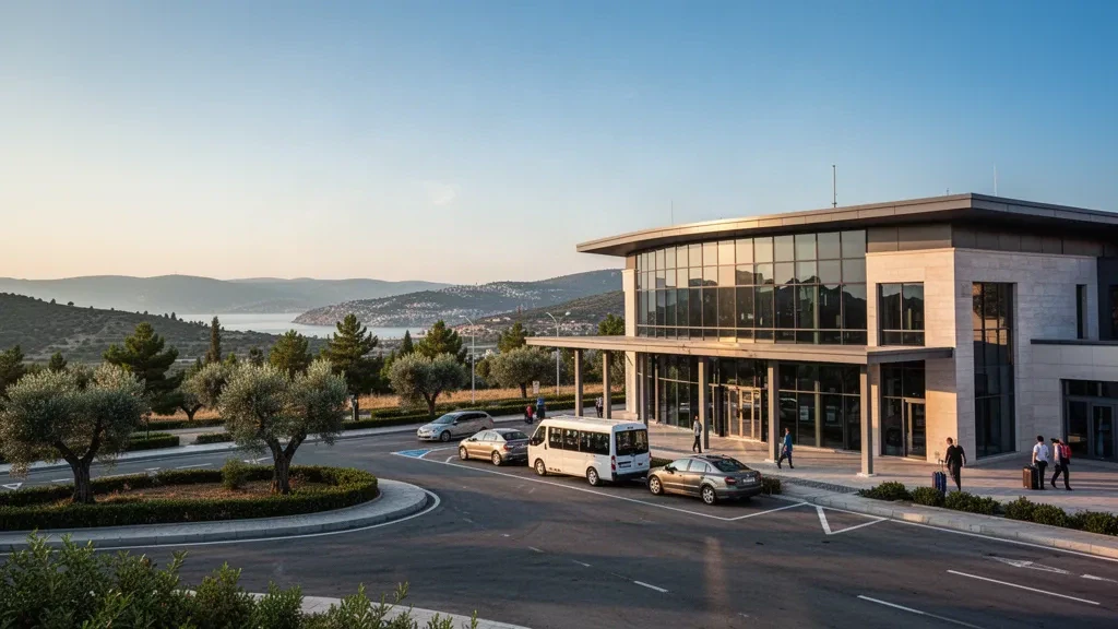 Modern glass terminal exterior and curbside drop-off lane at Çanakkale Airport in Turkey, framed by Aegean coastal hills at golden hour