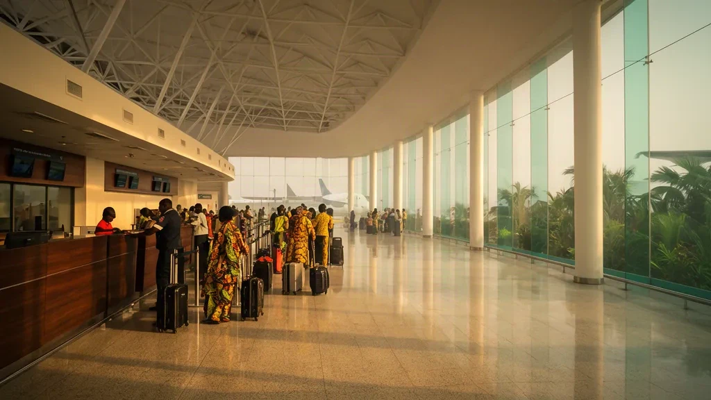 Reisende mit Gepäck gehen durch die helle, moderne Abflughalle des internationalen Flughafens Ahmed Sékou Touré in Conakry, Guinea.
